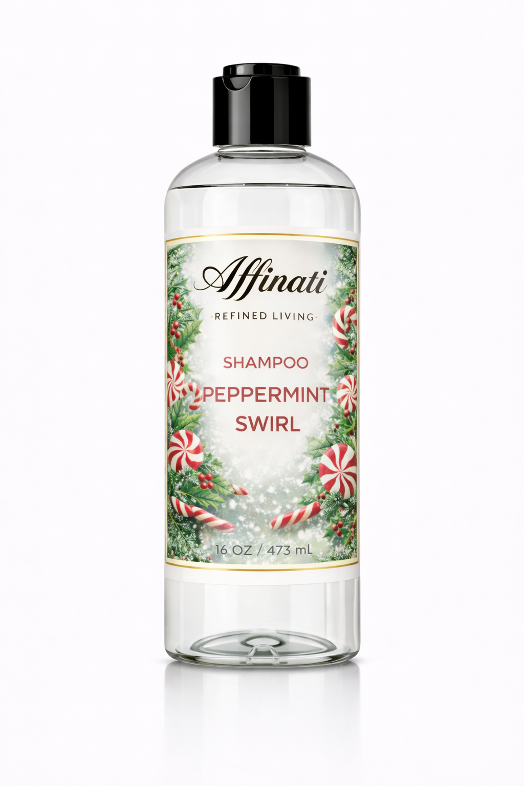 A clear plastic bottle of Peppermint Swirl Shampoo with a holiday-themed label featuring peppermint candies and holly.