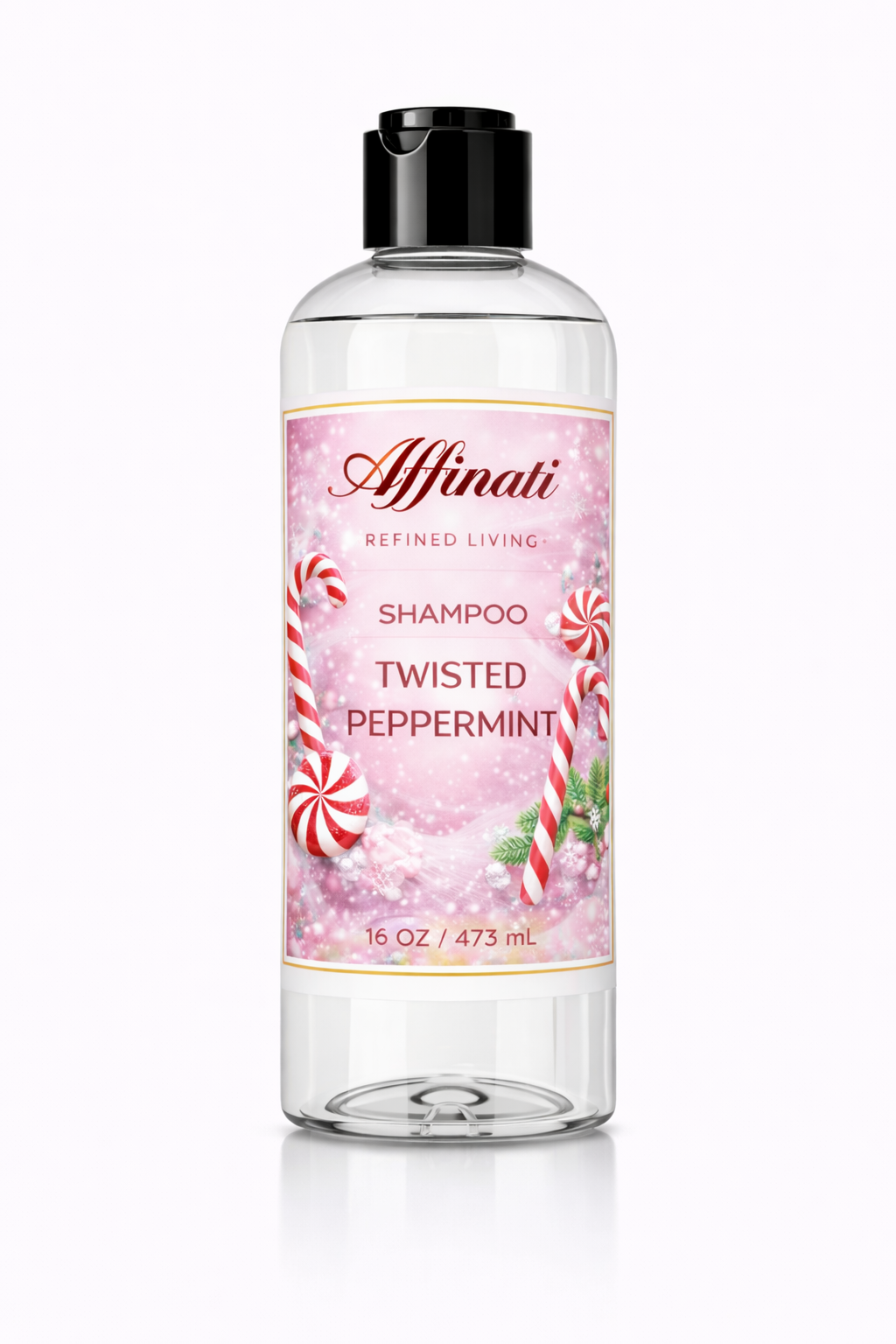 Bottle of Affinati Twisted Peppermint shampoo with a candy cane label design against a light pink background.