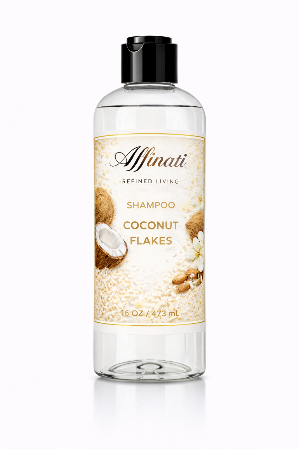 A 16 oz clear bottle of Affinati Coconut Flakes Shampoo with a black cap, featuring a label with coconut and flower imagery.