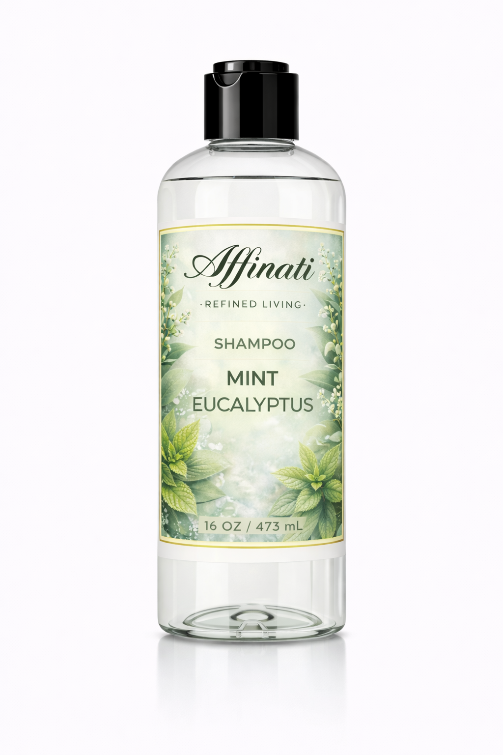 A clear 16oz bottle of Mint Eucalyptus Shampoo with a botanical label featuring mint leaves and white flowers against a white background.