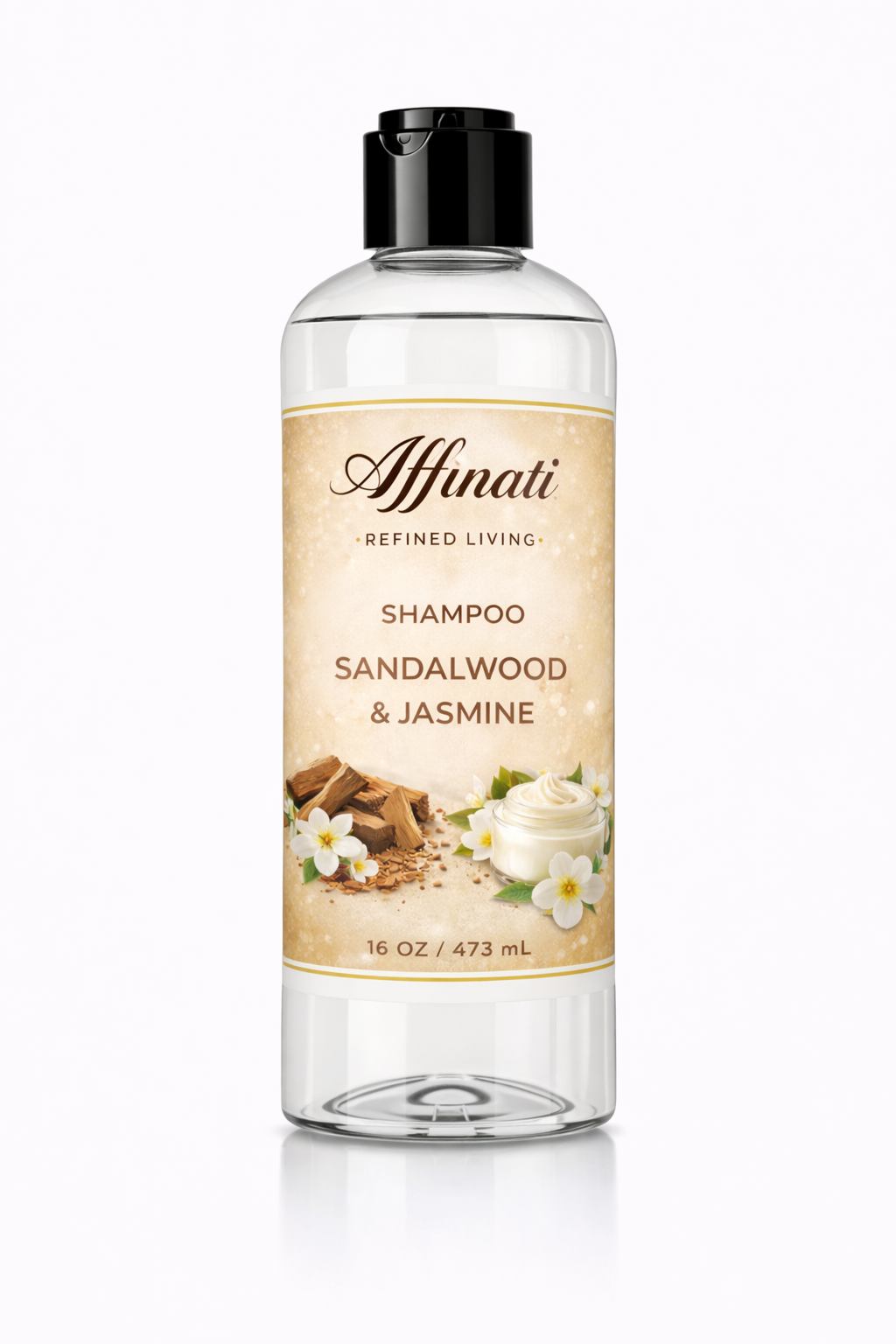 Bottle of Sandalwood and Jasmine sulfate-free shampoo by Affinati