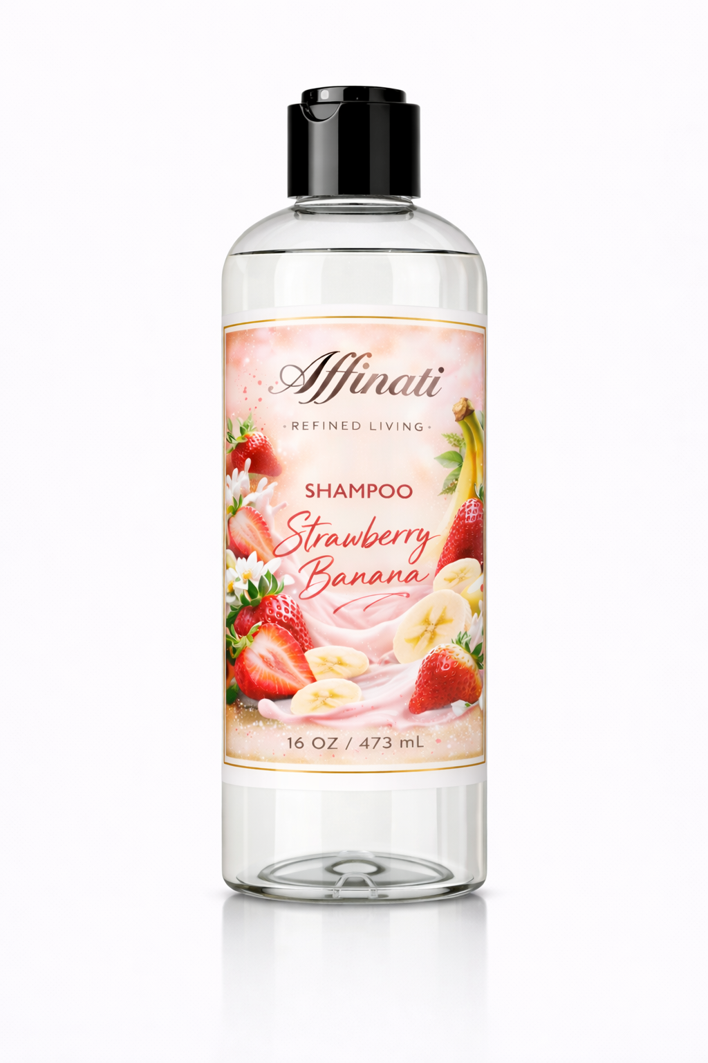 A 16 oz bottle of Affinati Strawberry Banana Shampoo with a clear bottle and a label featuring strawberry and banana illustrations.