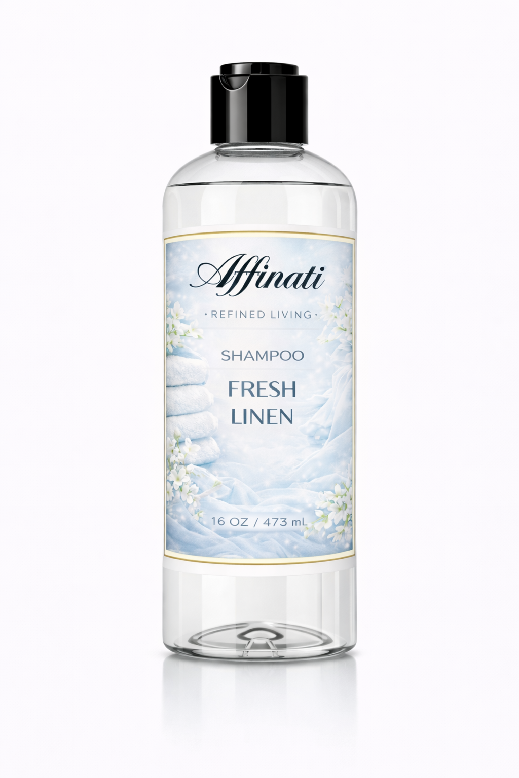 A 16 oz bottle of Affinati Fresh Linen shampoo with a light blue floral and linen label on a white background.