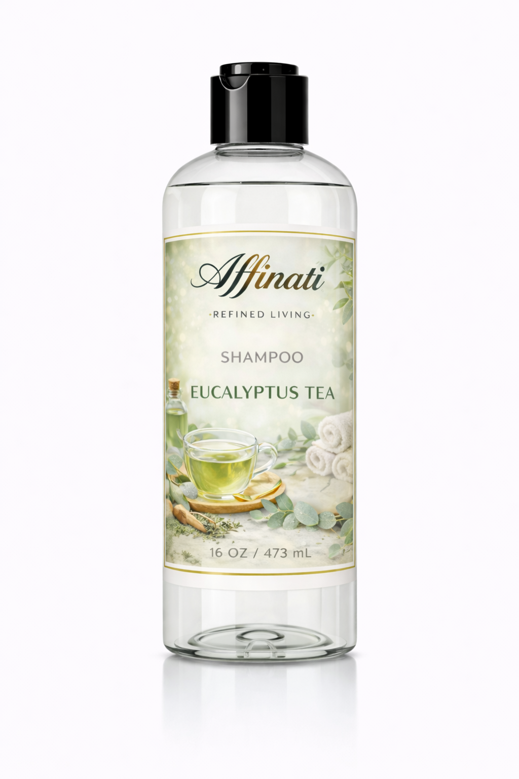 A clear plastic bottle of Affinati Eucalyptus Tea Shampoo with a black cap on a white background.