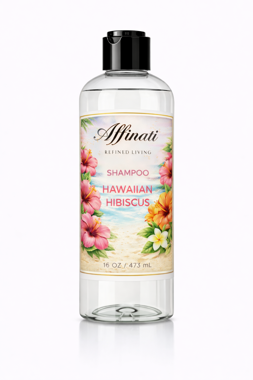 A 16 oz bottle of Hawaiian Hibiscus shampoo with a floral beach label, featuring pink and orange hibiscus flowers.