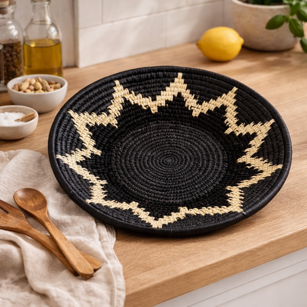Large Mityana Ugandan basket in black and cream with a geometric pattern on a neutral background.