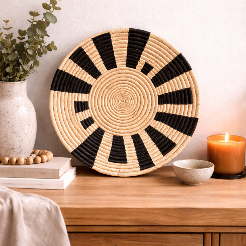 A set of Ray Wicker Wall Baskets featuring black and natural geometric patterns displayed on a neutral wall.