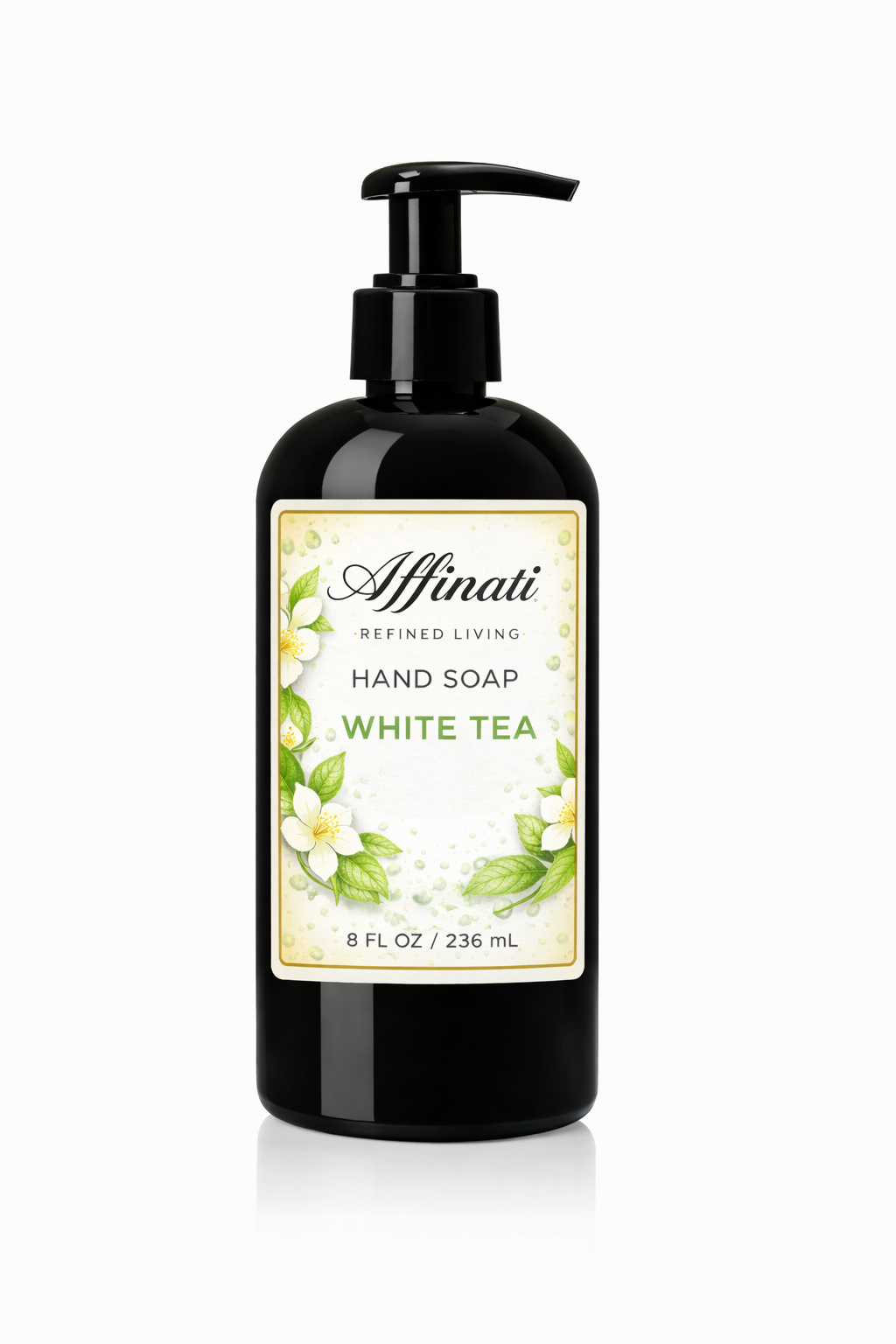 A bottle of Affinati White Tea Hand Soap in a black pump bottle on a white background.