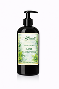 A black pump bottle of Affinati Mint Eucalyptus scented liquid hand soap against a plain white background.