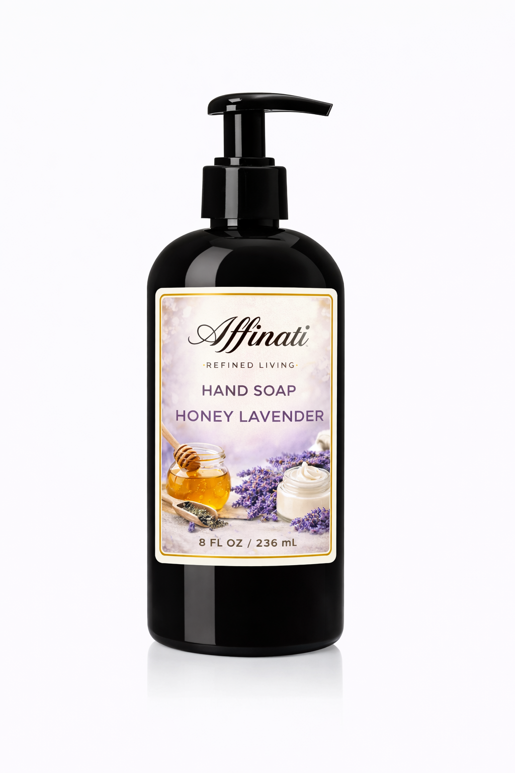 A black pump bottle of Affinati Honey Lavender hand soap on a white background.
