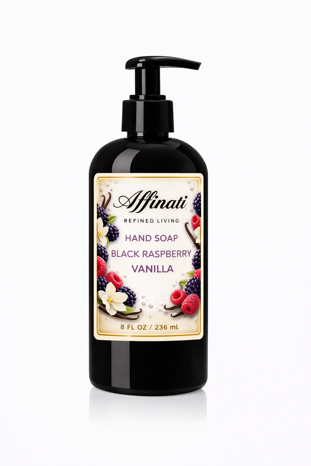A black pump bottle of Affinati Black Raspberry Vanilla liquid hand soap on a white background.