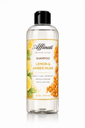 Bottle of Affinati Lemon and Amber Musk sulfate-free shampoo, 16 oz, featuring lemon and amber graphics.