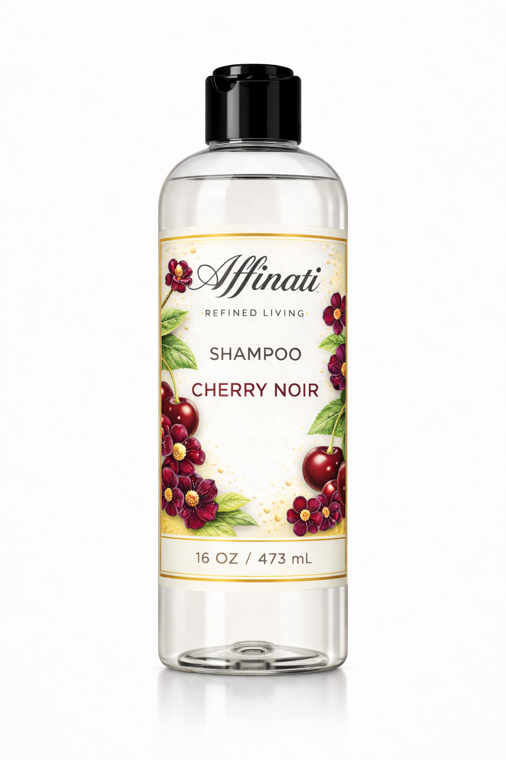 Bottle of Cherry Noir sulfate-free shampoo with floral and cherry label illustration.