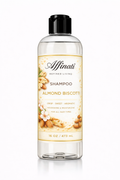 A 16 oz bottle of Affinati Almond Biscotti shampoo with a black cap and cream-colored label featuring almond graphics.