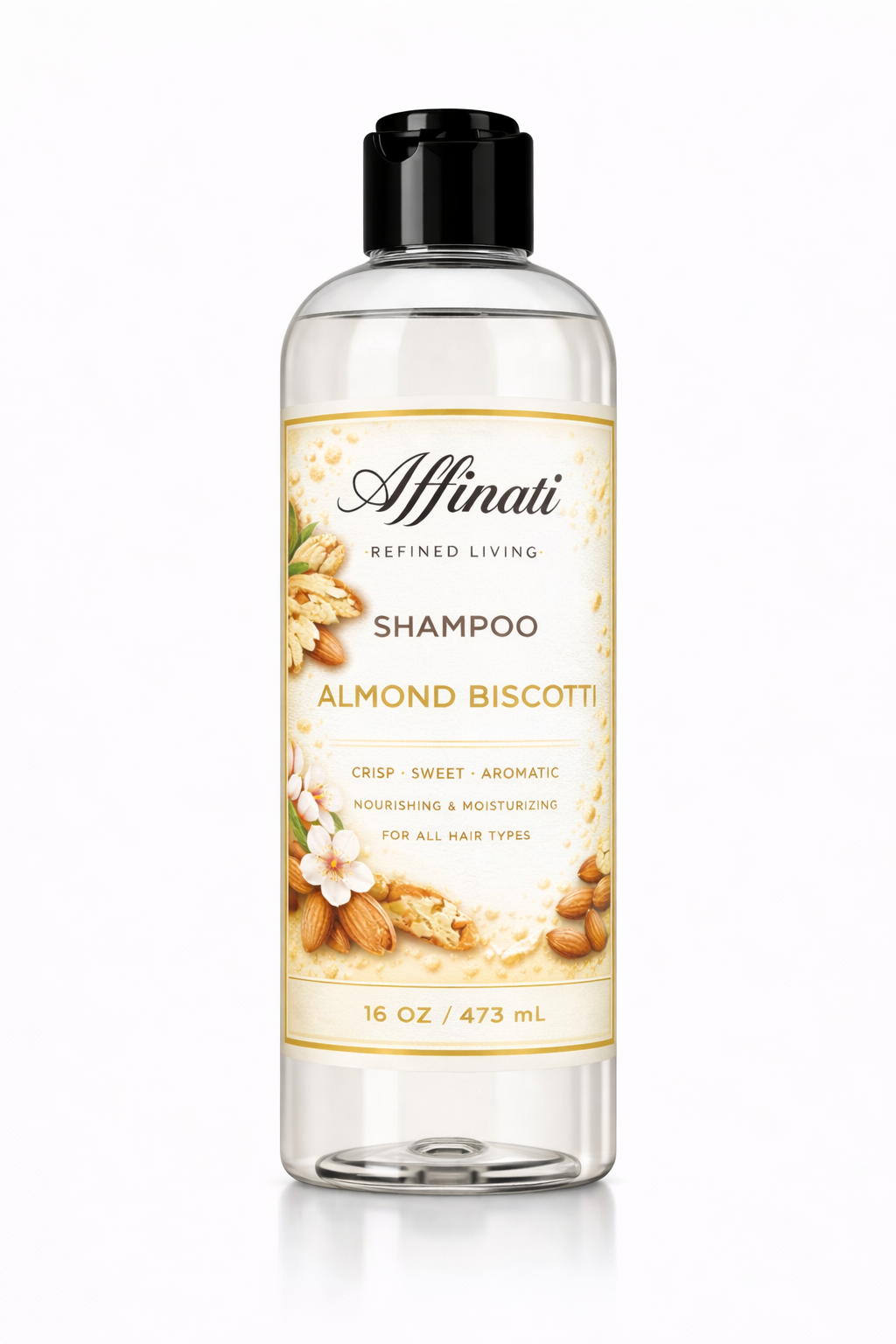 A 16 oz bottle of Affinati Almond Biscotti shampoo with a black cap and cream-colored label featuring almond graphics.