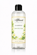Bottle of Affinati White Tea Shampoo with floral label design on a white background