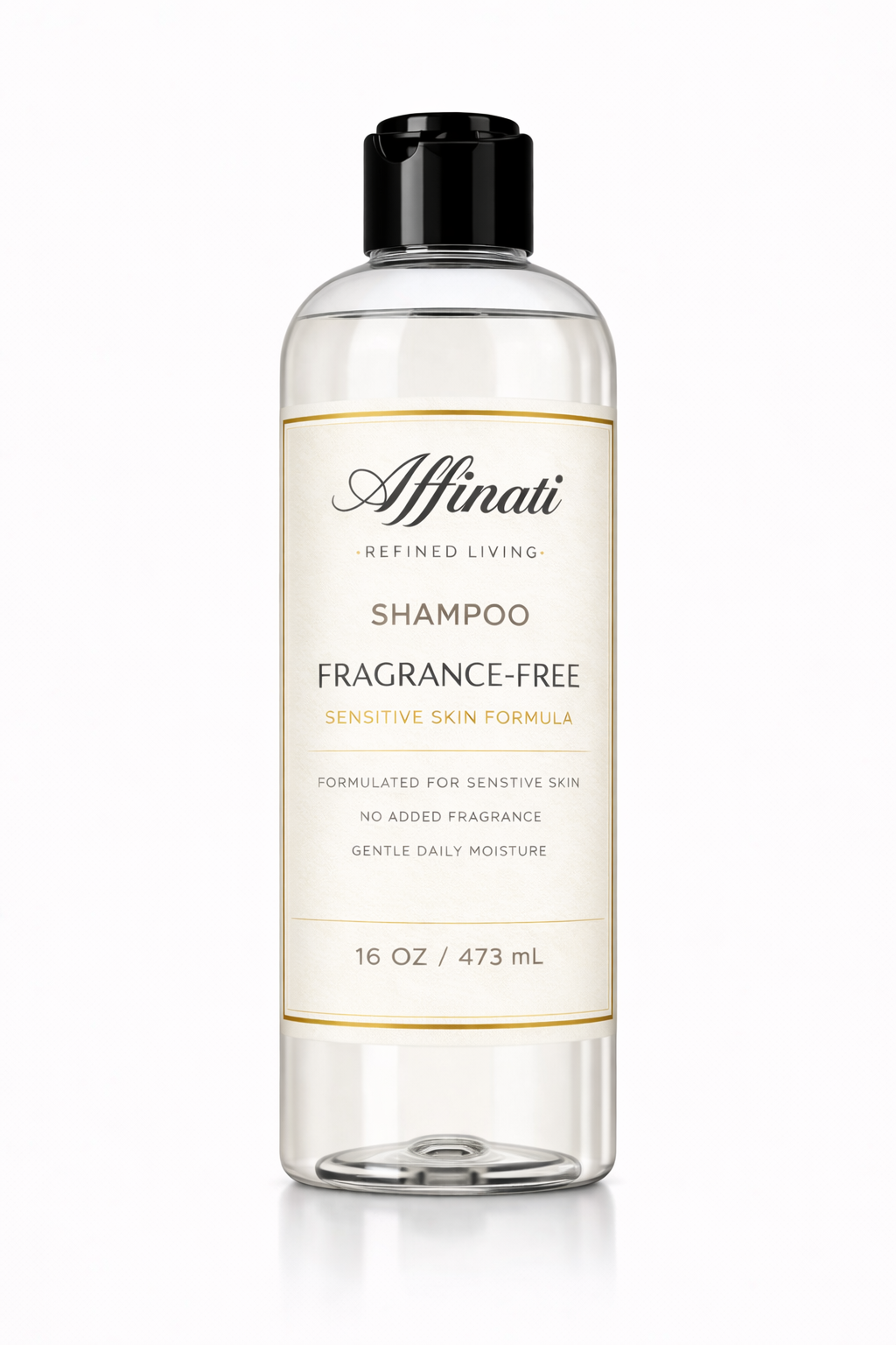 A clear 16 oz bottle of Affinati fragrance-free sensitive skin shampoo with a black cap on a white background.