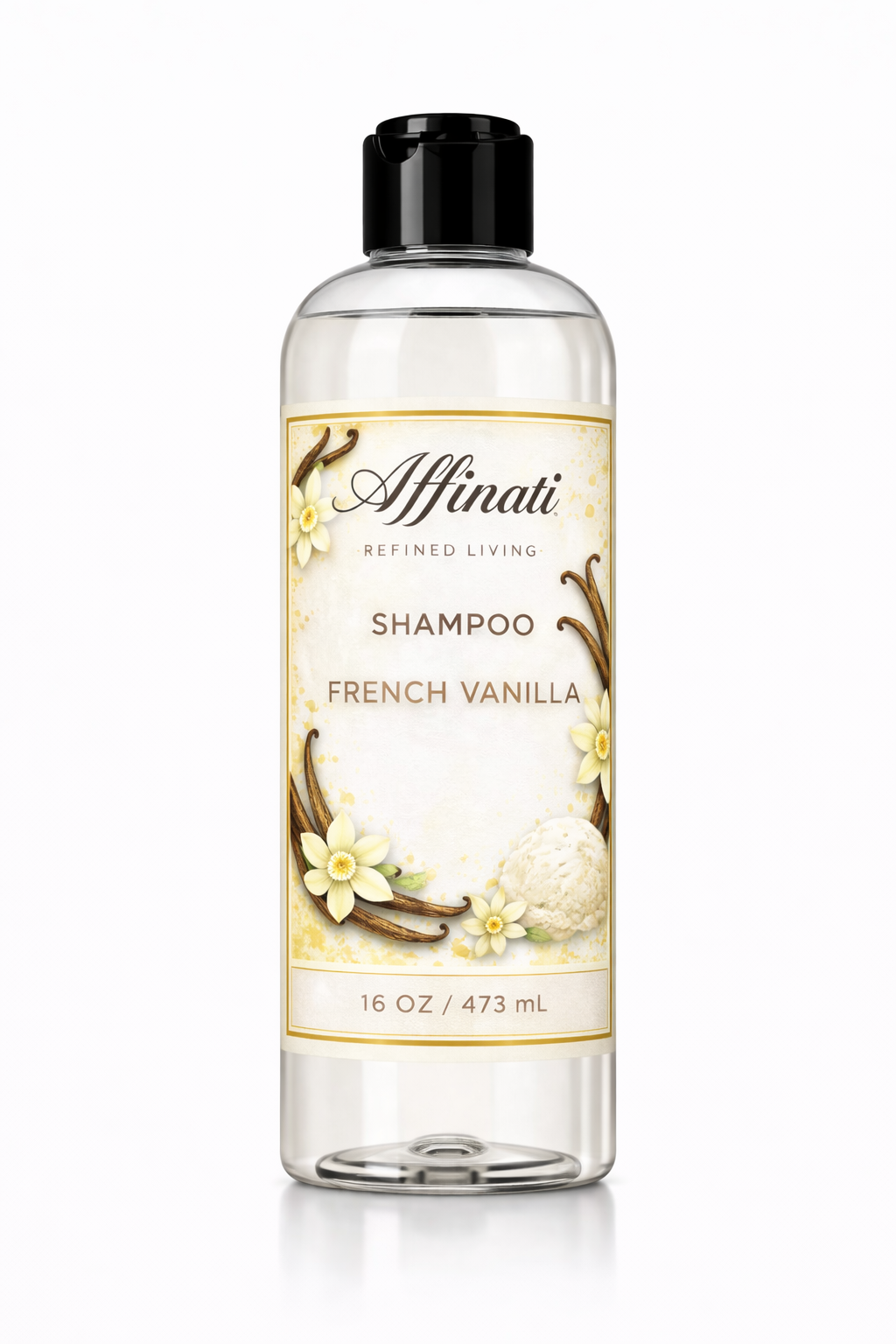 A bottle of Affinati French Vanilla shampoo, 16 oz, featuring a vanilla flower design.