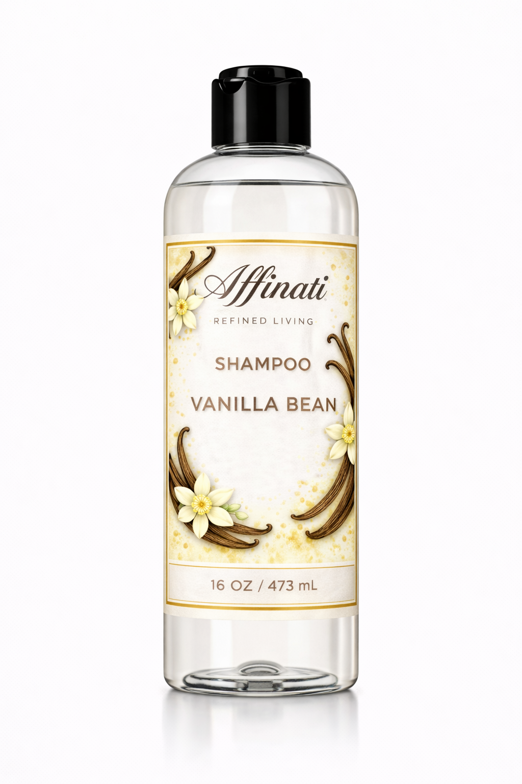 A 16 oz bottle of Affinati Vanilla Bean Shampoo with botanical label art and a black cap.