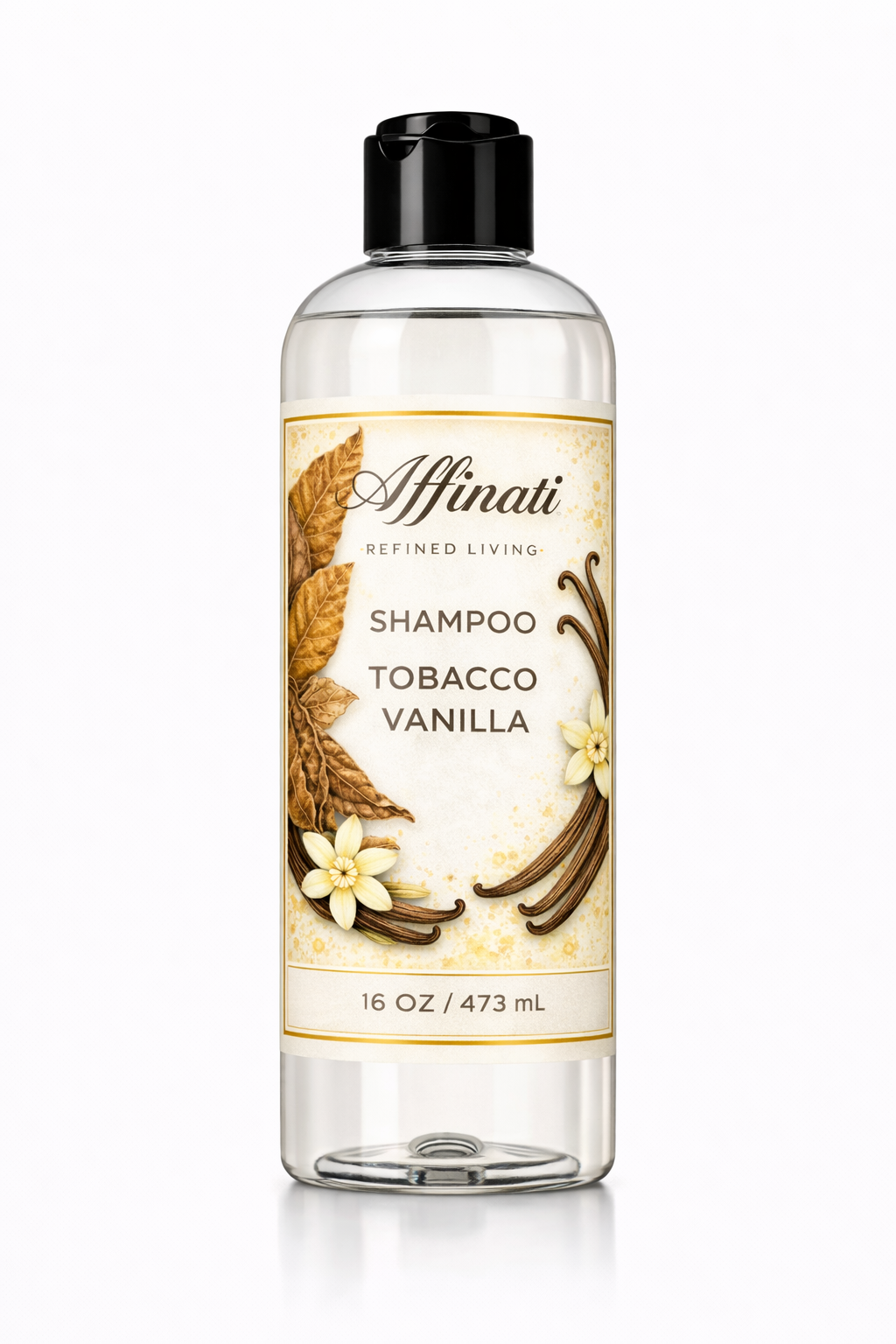 A 16 oz bottle of Affinati Tobacco Vanilla Shampoo with a clear bottle and detailed label featuring botanical illustrations of tobacco leaves and vanilla pods.