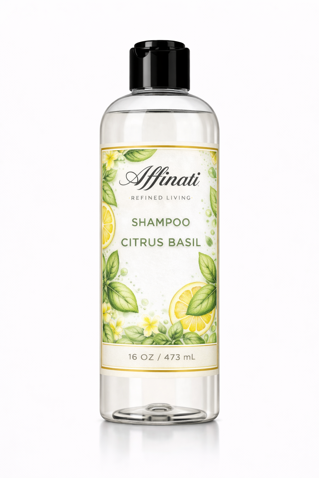 A clear bottle of Affinati Citrus Basil Shampoo, 16 oz, featuring botanical lemon and basil illustrations on the label.