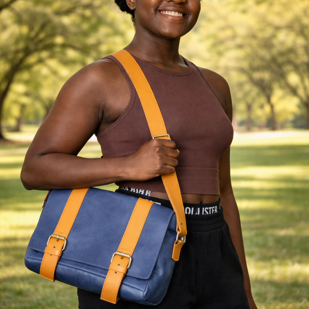 Navy blue leather Serawit crossbody bag with mustard yellow straps and buckle detail