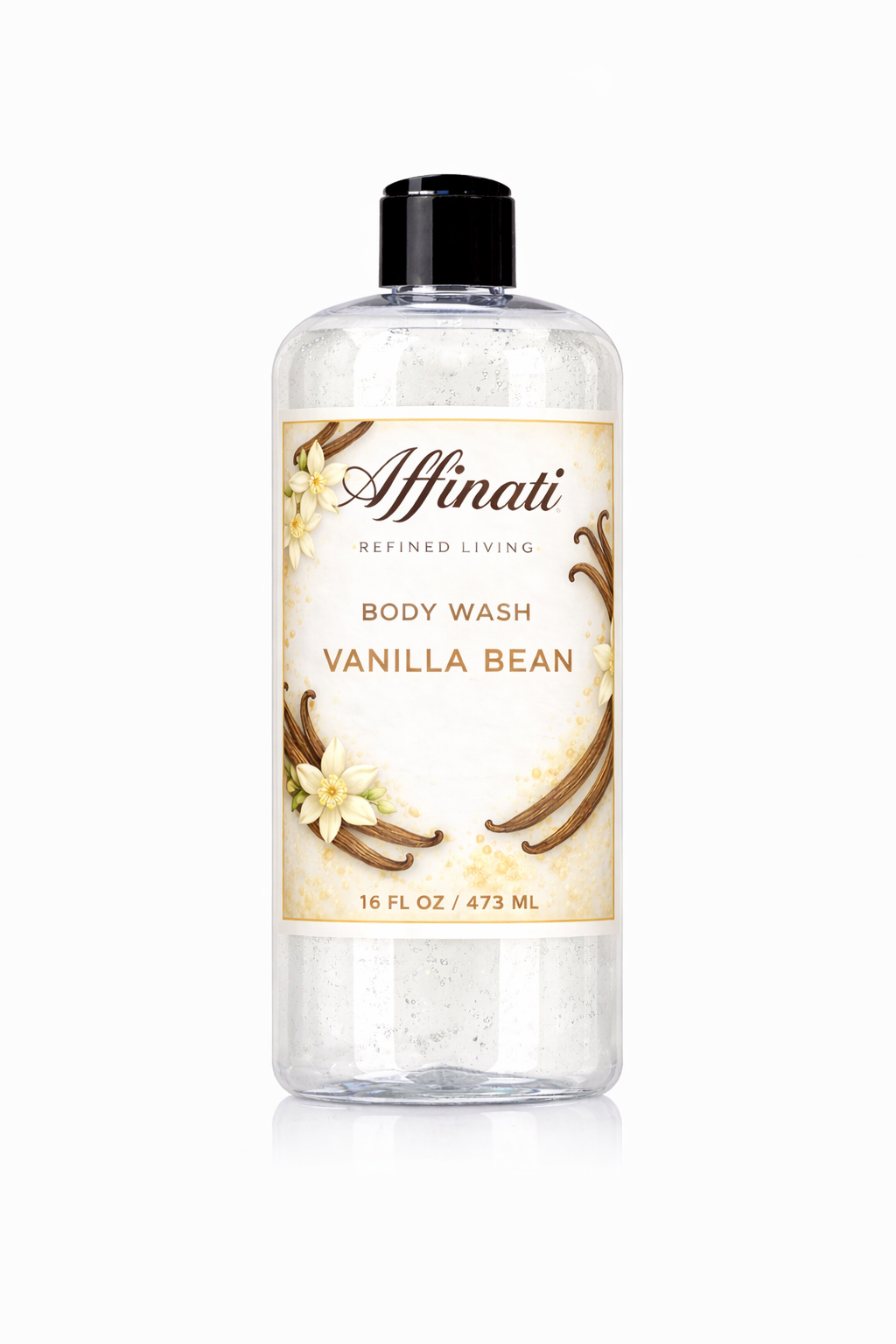 A clear 16 oz bottle of Affinati Vanilla Bean Body Wash featuring label art with vanilla flowers and bean pods.