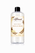 A clear 16 oz bottle of Affinati Vanilla Bean Body Wash featuring label art with vanilla flowers and bean pods.