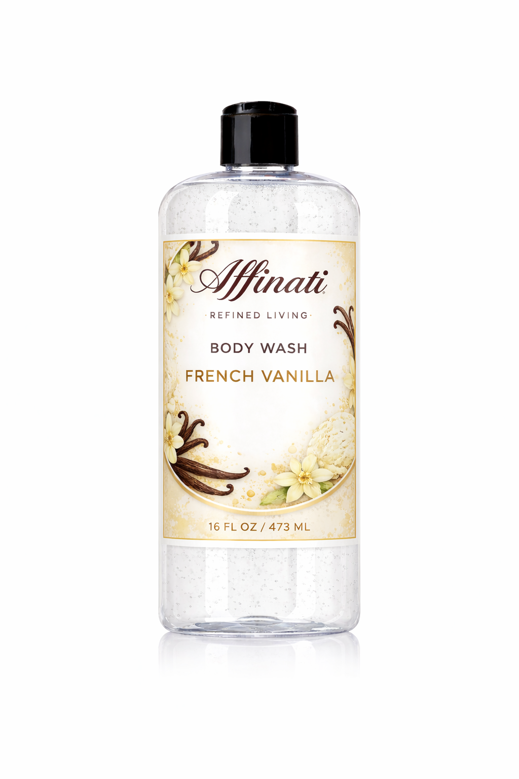 A 16 oz bottle of Affinati French Vanilla Body Wash with a clear container and vanilla flower label.