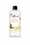 A 16 oz bottle of Affinati French Vanilla Body Wash with a clear container and vanilla flower label.