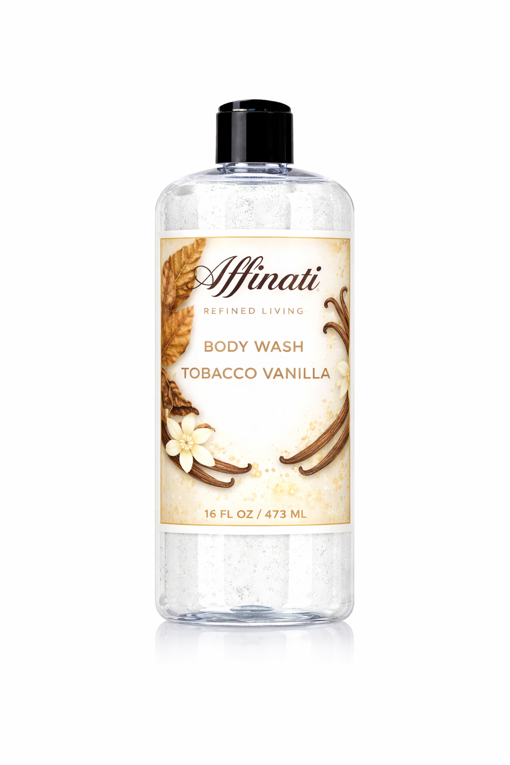 A clear 16 oz bottle of Affinati Tobacco Vanilla body wash with a label featuring tobacco leaves and vanilla flowers.