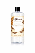 A clear 16 oz bottle of Affinati Tobacco Vanilla body wash with a label featuring tobacco leaves and vanilla flowers.