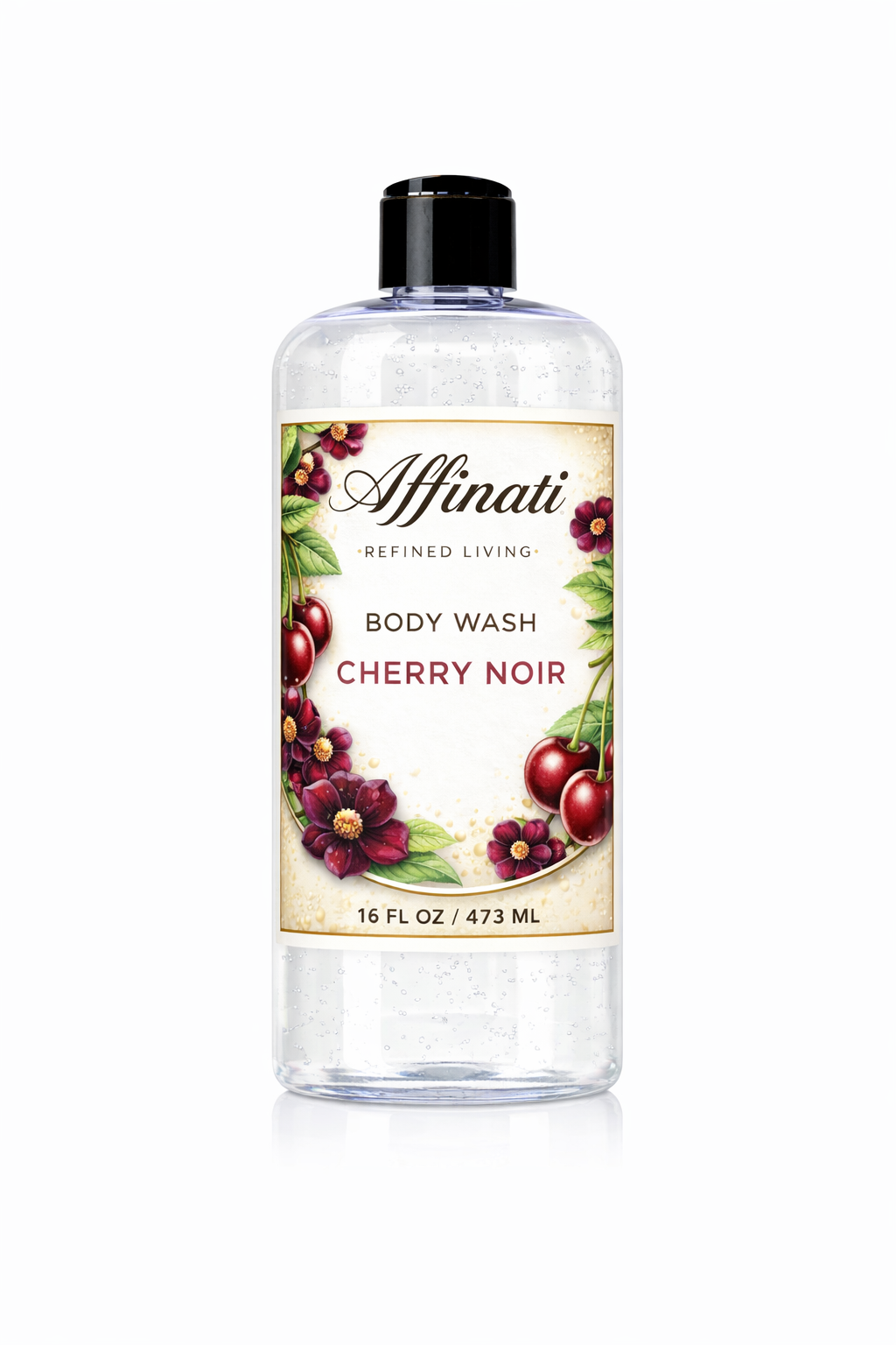 A clear 16 oz bottle of Affinati Cherry Noir Body Wash with a white label featuring botanical illustrations of cherries and dark flowers.