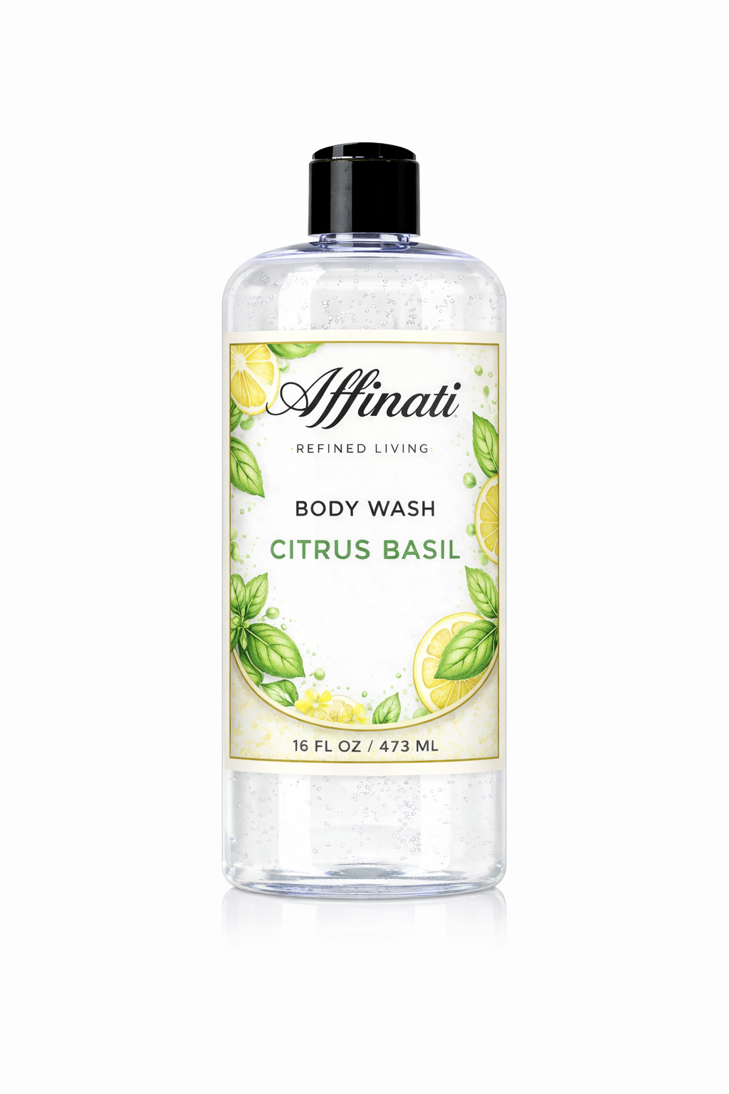 A clear plastic bottle of Affinati Citrus Basil Body Wash with a black cap, featuring a botanical label with lemon and basil illustrations.