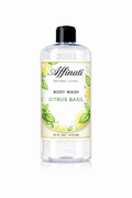 A clear plastic bottle of Affinati Citrus Basil Body Wash with a black cap, featuring a botanical label with lemon and basil illustrations.