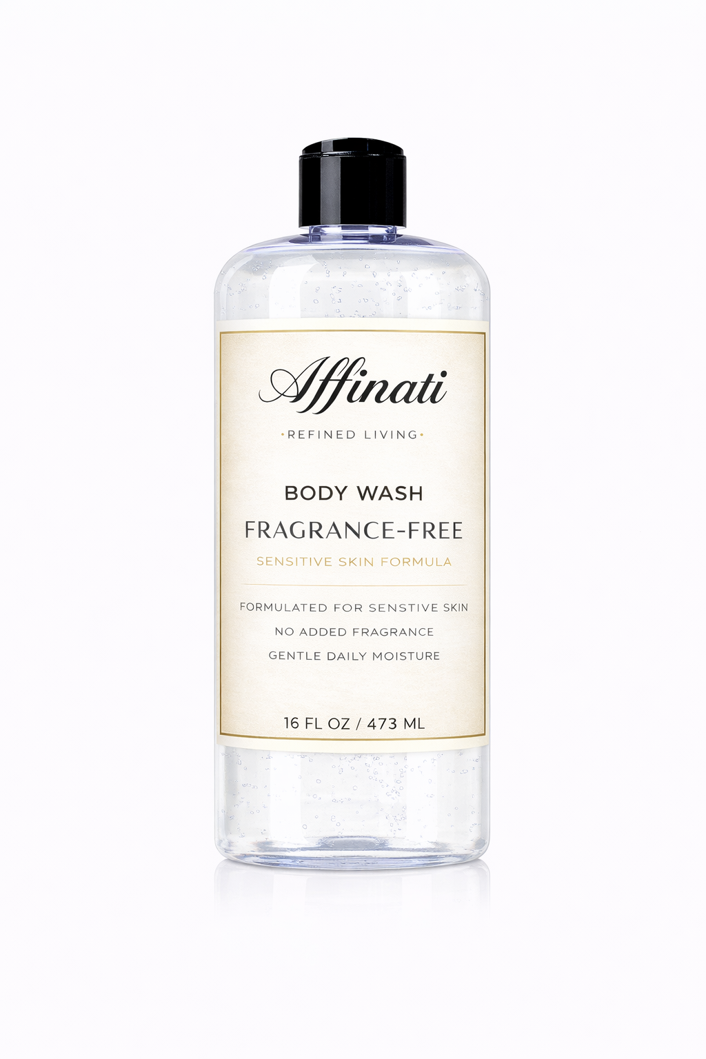 A 16 oz bottle of Affinati Unscented Body Wash for sensitive skin against a white background.