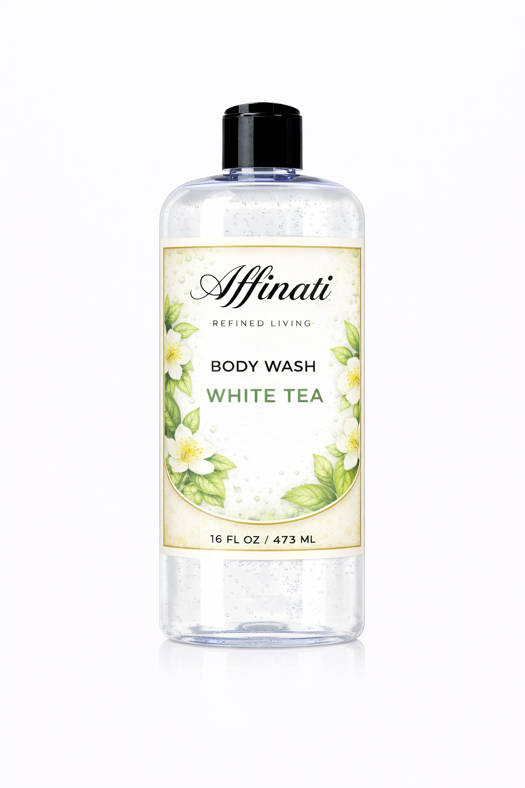 A 16 oz clear bottle of Affinati White Tea Body Wash with floral label design on a white background.