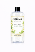 A 16 oz clear bottle of Affinati White Tea Body Wash with floral label design on a white background.