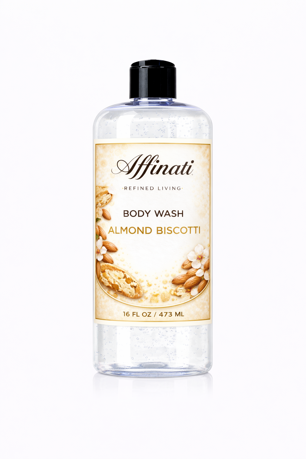 Bottle of Affinati Almond Biscotti Body Wash showing a clear gel formula with label featuring almond and biscotti graphics.