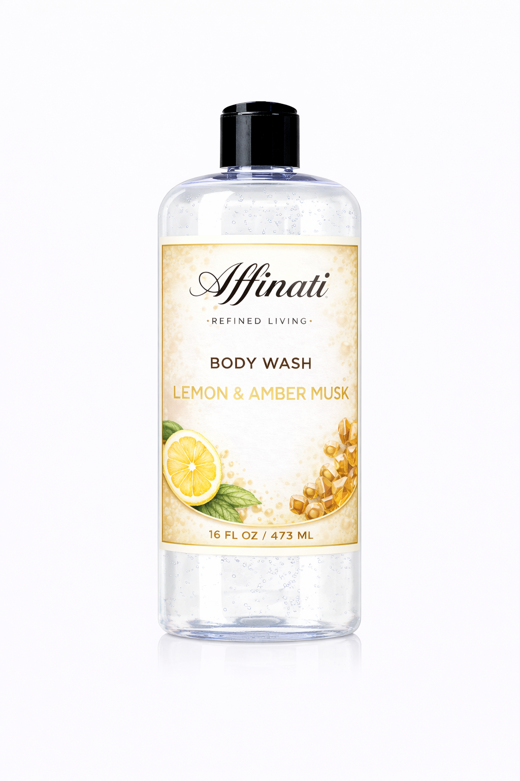 A clear plastic bottle of Affinati Lemon and Amber Musk body wash with a black cap on a white background.