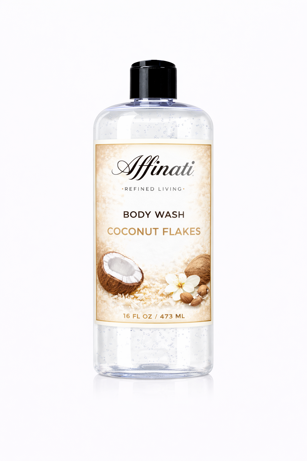 A clear 16 oz bottle of Affinati Coconut Flakes Body Wash with a label featuring coconut and flower illustrations.