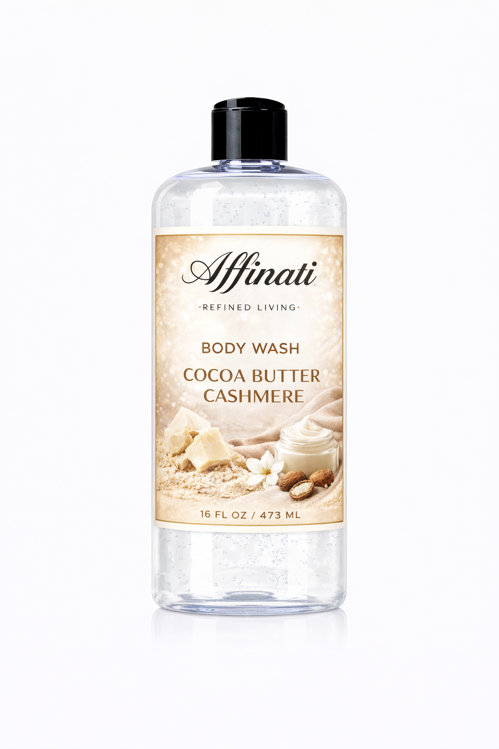 A clear 16 oz bottle of Affinati Cocoa Butter Cashmere Body Wash with a black cap and label featuring cocoa butter and cashmere imagery.