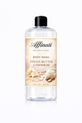 A clear 16 oz bottle of Affinati Cocoa Butter Cashmere Body Wash with a black cap and label featuring cocoa butter and cashmere imagery.