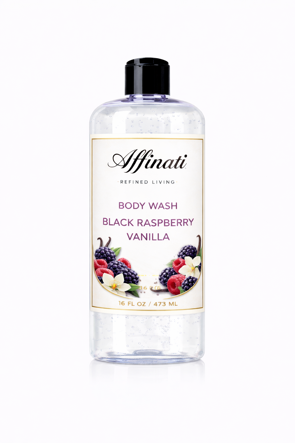 A clear bottle of Affinati Black Raspberry Vanilla Body Wash with a black cap on a white background.