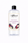 A clear bottle of Affinati Black Raspberry Vanilla Body Wash with a black cap on a white background.