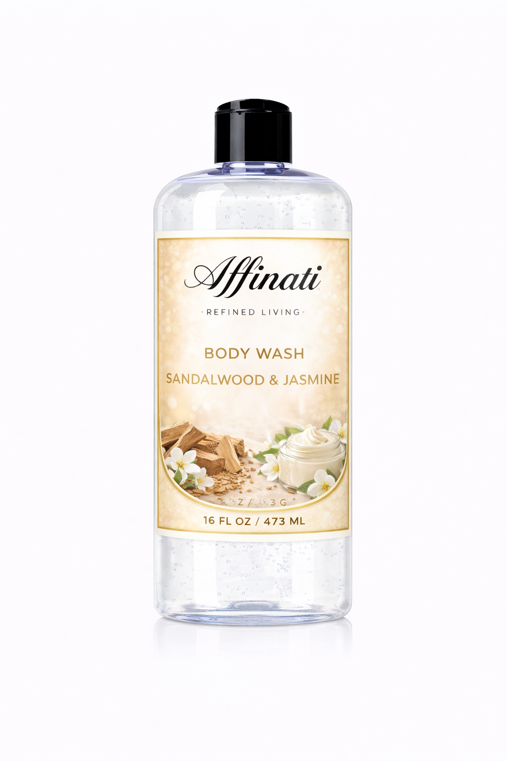 Bottle of Affinati Sandalwood and Jasmine Body Wash 16 oz with floral and wood illustrations