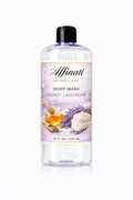 A 16 oz bottle of Affinati Honey Lavender body wash featuring a lavender field and honey illustration.