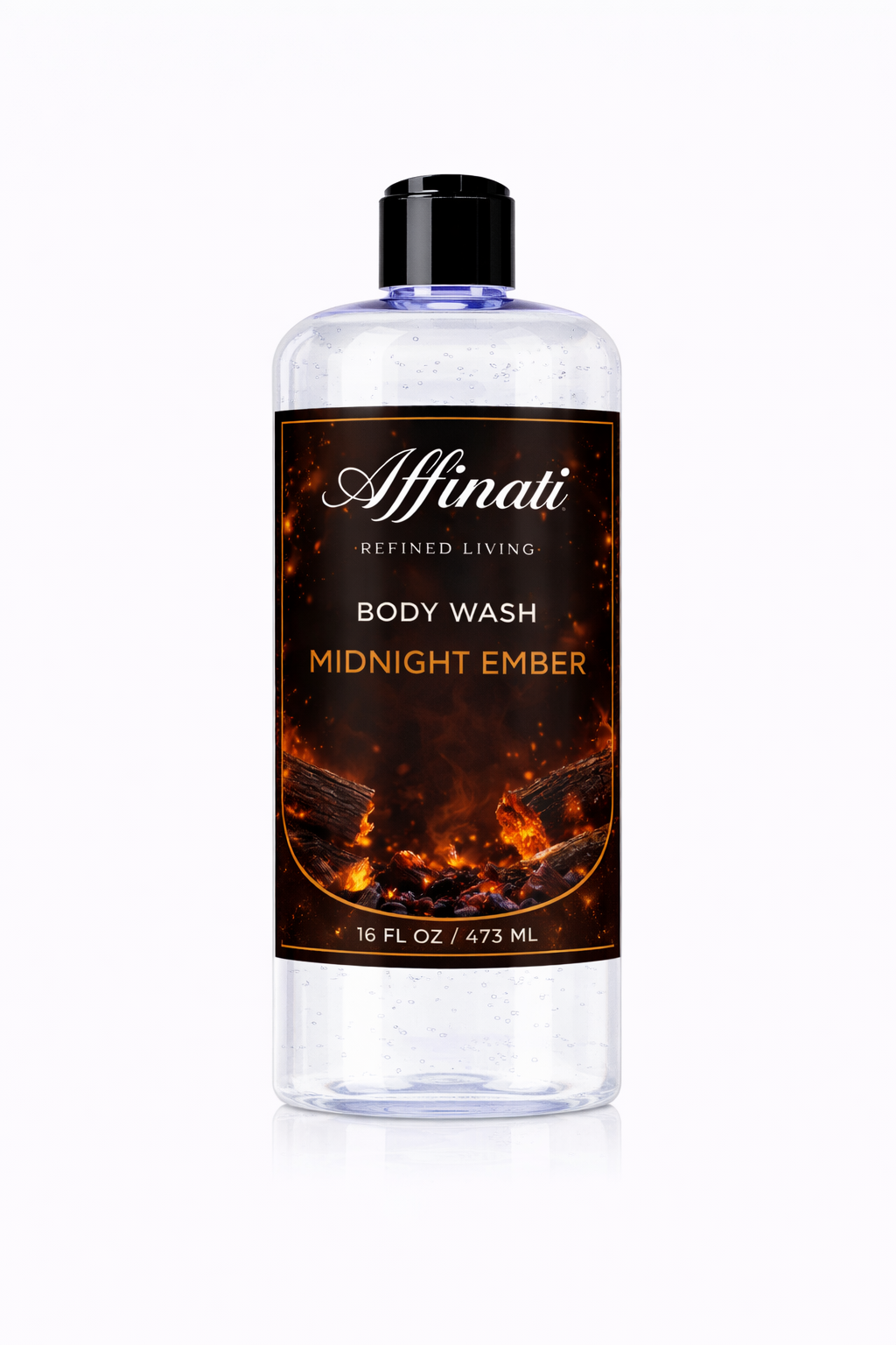 A 16 oz bottle of Affinati Midnight Ember Body Wash featuring a clear gel and a black label with a fire and embers design.