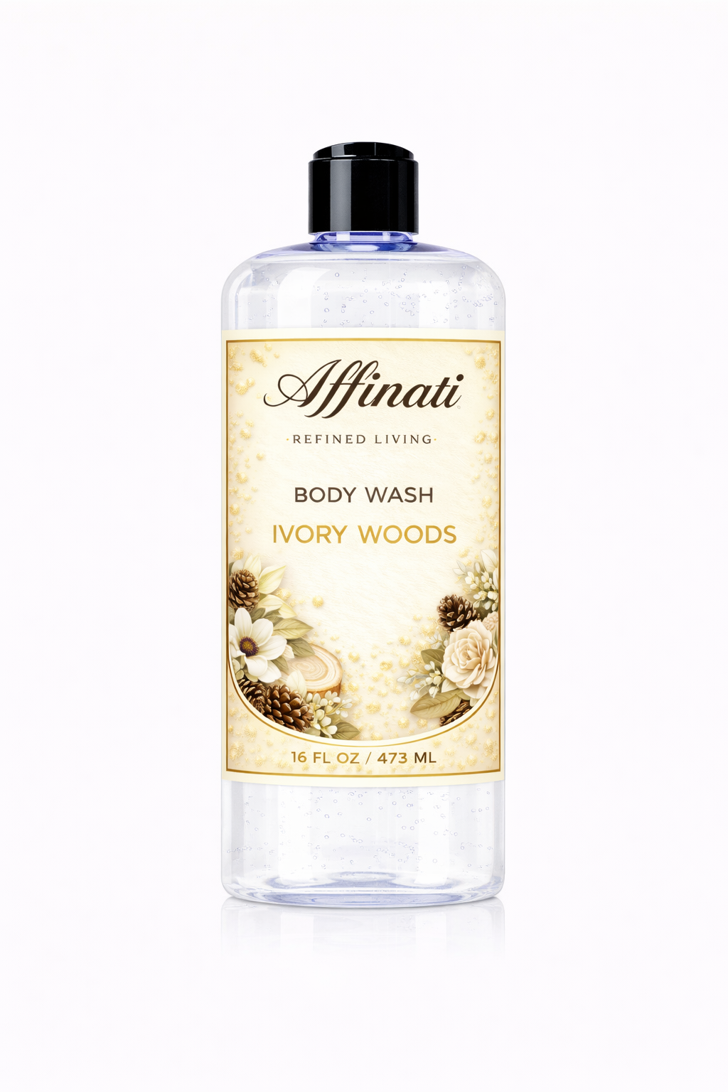 A 16 oz bottle of Affinati Ivory Woods Body Wash on a white background with botanical floral and pinecone label design.