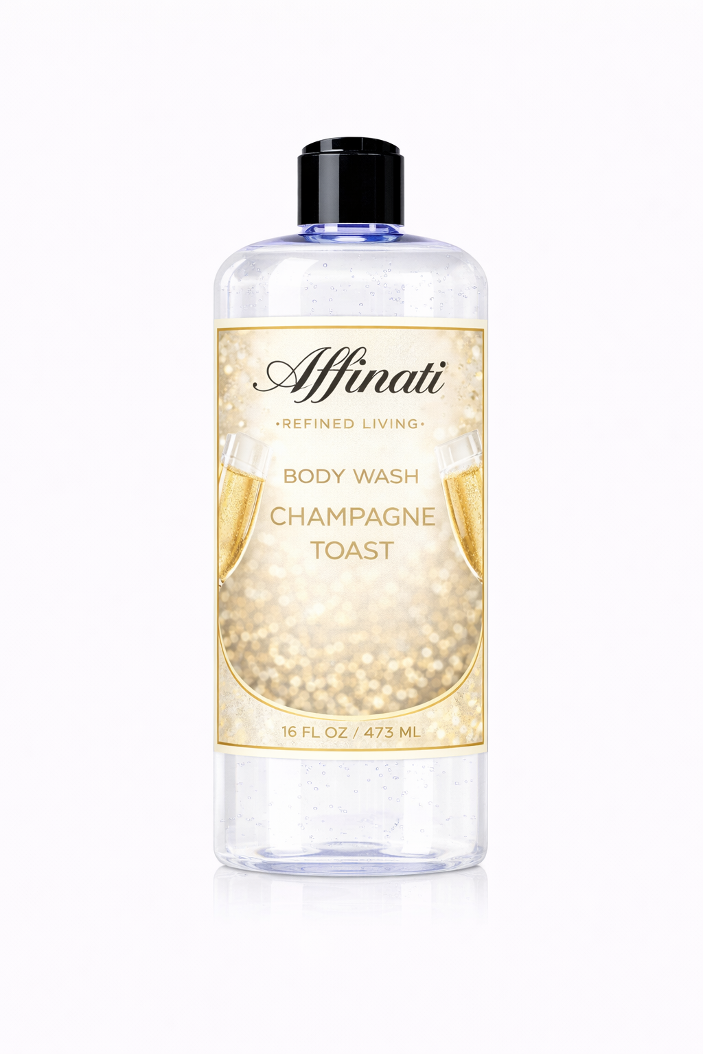 A bottle of Affinati Champagne Toast Body Wash featuring a clear gel formula and gold sparkling label design.